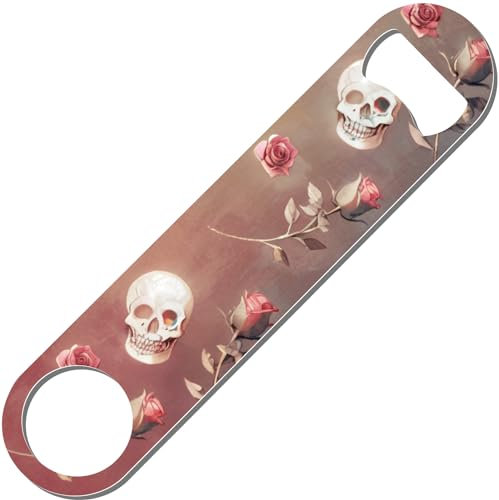 CREATCABIN Skull Flat Bottle Opener Blade Beer Opener Heavy Duty Metal Stainless Steel Opener Art Printed for Professional Bar Pub Bartender Home Kitchen Camping Parties 1.6x7.1 Inch-Skull & Rose