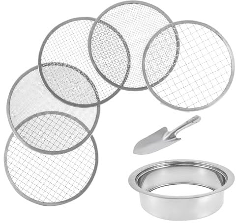 shaojian Soil Sieve Set with 8inch Diameter 5 Grid Sizes 1/3/6/9/12mm Interchangeable Meshes Stainless Steel Garden Sieves Set with Shovel, Soil Sifter Set for Gardening Dirt Sand Soil Rocks