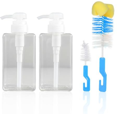 Botella dispensadora de loción de 2 piezas con cepillo de limpieza de 2 piezas, botella de presión transparente, botella de viaje, adecuada para rellenar champú, gel de ducha, loción y acondicionador