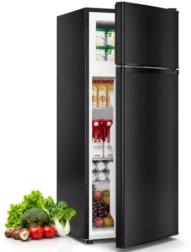 Double Door Refrigerator with Freezer, 4.5 Cubic Feet Small Refrigerator with Freezer, 7 Adjustable Temperature Settings, Mini Fridge for Apartment, Bedroom and Office, Color