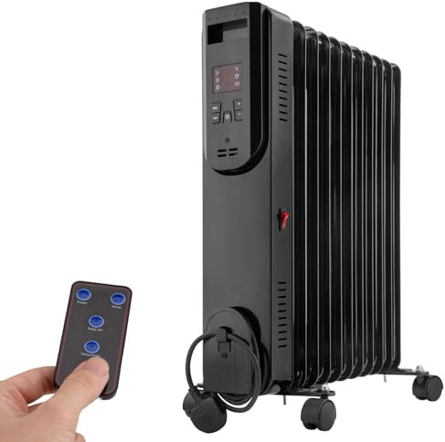 Cliselda 2500W Black Oil Filled Radiator with Remote Control, 11 Fin Electric Space Oil Heater for Home Low Energy, Adjustable Thermostat &Timer, LED Display, 3 Heat Settings, Overheat Protection