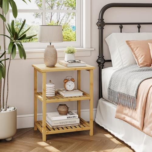 Dripex Bamboo Living Room End Table, 3-Tier Narrow Nightstand, Bedside Table, Slim Coffee Table Small Spaces, Storage Sofa Side Table for Bedroom or Office