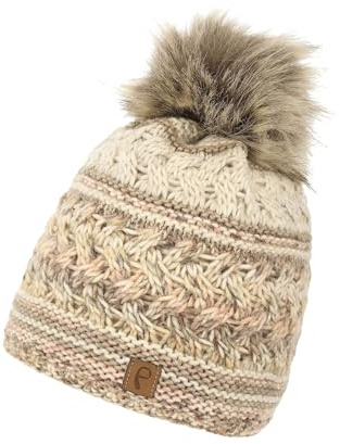 Faera Warme Damen Bommelmütze mit Kunstfell-Bommel und Thermo-Fleece Futter