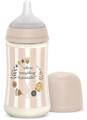Suavinex, Biberon 270 ml, Biberon avec Tétine Symétrique SX Pro en Silicone à Débit Moyen (M), avec Valve Anti-Colique. Silicone Fin Ultra-Doux. Pour Bébés, +3 Mois, Wonderland Rose