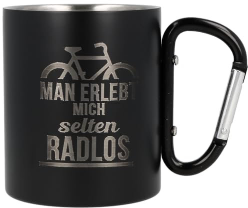 Spruchreif | Edelstahltasse mit Karabinerhaken Henkel mit Gravur Radlos in Schwarz Matt | Geschenk Radfahrer Mountainbiker | Radsport Geschenke