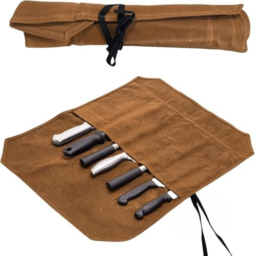Reh:ncla Knife Bag, Chef Knife Bag, Waxed Canvas Chef Knifes Roll Bag, 7 Slots Knifes Cutlery Tool Storage Bag for Camping Home Kitchen, Gifts for Pro Chefs Or Culinary Enthusiasts, Khaki