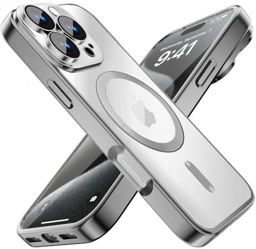 Misscase für iPhone 14 Pro Hülle 6.1 Zoll, Farbe Elektroplattiert Rahmen Transparente Rückseite magnetisches TPU Handyhülle Kompatibel mit MagSafe, Militärnorm Schutz, Kratzfeste Stoßfest -Silber