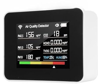 Juroupi WiFi Air Quality Meter 13-in-1 Indoor Air Quality Monitor Detects CO₂ TVOC HCHO PM2.5 PM1.0 PM10 Humidity and Temperature Time Date Alarm Timer and Stopwatch Timer