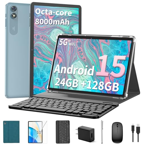 Relndoo Tableta Android 15 2025 con teclado, 24 GB+128 GB+2 TB expandida, tabletas Octa-Core 2 en 1 de 10.1 pulgadas con WiFi 5G/2.4G, 8000 mAh, BT5.0, certificado GMS, con mouse, funda, lápiz