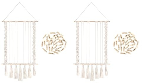 Xnuiasqe 2X Hanging Photo Display with 60 Wood Clips Macrame Wall Hanging Picture Holder Collage Picture Frame for Boho Decor