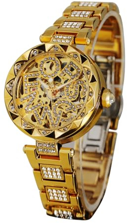 FORSINING Women Lady Automatic Brand Letter Craft Clock Reloj Diamond Mechanical Skeleton Watch (Gold)