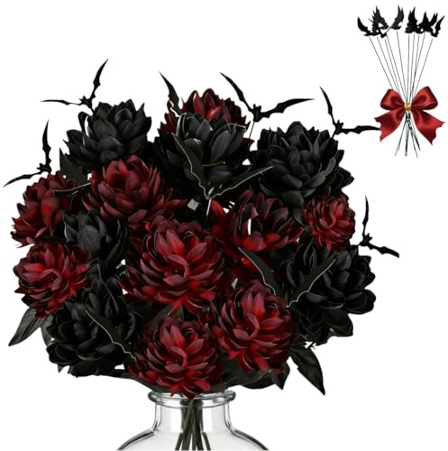 Juego de 22 piezas de dalia y murciélago increíblemente elegante: decoración espeluznante y elegante de Halloween (10 dalias falsas negro/borgoña + 10 murciélagos + papel temático + cinta de Halloween