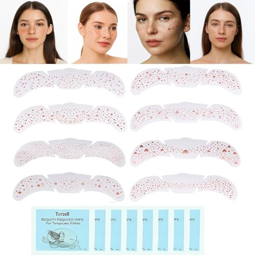 Rose Gold Face Glitter Tattoos, 8 Curved Festival Stickers With 8 Wipes | Translucent Backing, Assorted Dot, Star, Heart And Sparkle Motifs, Shaped For Eye, Cheek And Nose Placement At Parties