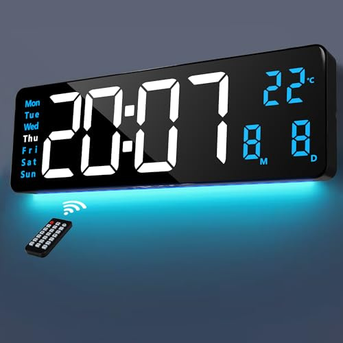 Lafocuse 16'' Digitale Wanduhr LED Große Blau mit 9 RGB-Farben Nachtlicht, Fernbedienung, Duale Alarme, Automatische Helligkeit, Temperaturanzeige, Datum, 12/24HR, Countdown für Wohnzimmer Küchen Büro