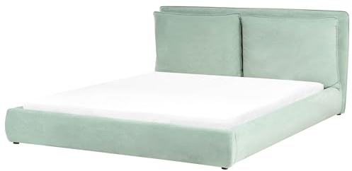 Beliani Modern EU Super King Size Bed Frame 6ft Velvet Upholstery Cushioned Headboard Mint Green Bajonna