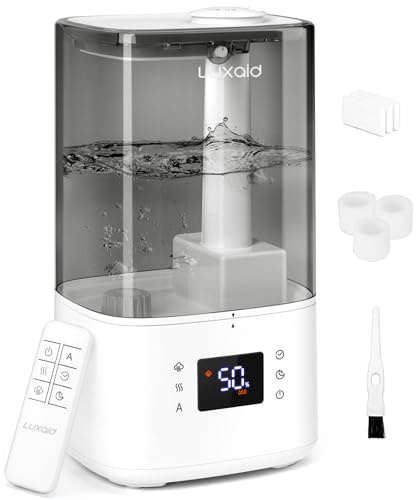 Luxaid 6L Warm and Cool Mist Humidifier, Humidity Display, Auto Mode | Remote control, 60H runtime, 28dB sleep mode, top-fill easy-clean tank, aroma diffuser for bedrooms, nurseries and plants