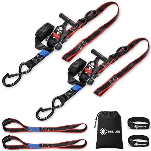 RUNAFLAMA - Cinchas de Amarre Moto con Carraca - Eslingas de Carga para Remolque - Trinchas de Sujeción a Portamotos - F. Rotura 800 kgf/Cinta - 2 Correas con Ganchos de 1,9m + 2 Eslingas de Amarre