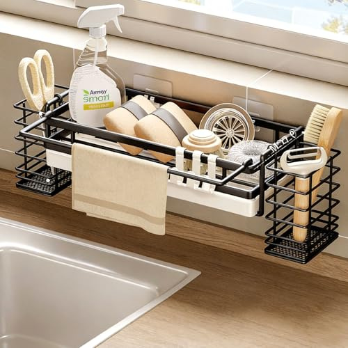 Wand Spülbecken Organizer Schwarz Selbstklebend Mietwohnung ohne Bohren | 26cm Kohlenstoffstahl, Abtropfwanne, Handtuchhalter mit zwei Haken, rostfrei für Küche und Badezimmer