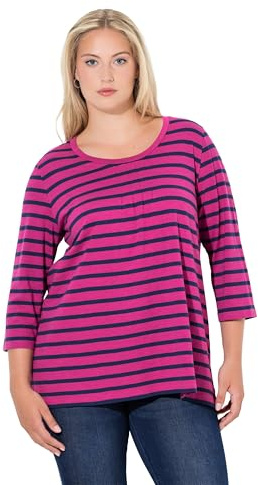 Ulla Popken Damen große Größen Übergrößen Plus Size Shirt, Ringel, A-Linie, Rundhals, Zierfalten, 3/4-Arm sommerbeere 50+ 834195810-50+