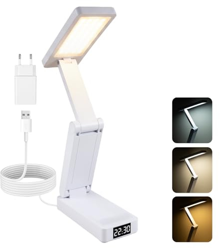 Carehabi Lampe de Bureau LED Pliable 3600 mAh Lampe de Table Rechargeable Sans Fil avec Contrôle Tactile Dimmable 3 Modes de Couleurs, Minuteur de 45 Minutes pour Lecture, Étude et Travail