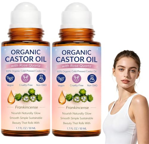 Olio di ricino biologico roll-on con rullo al quarzo rosa, 100% olio di ricino biologico pressato a freddo, roll-on rinfrescante per viso e corpo (2 pezzi)