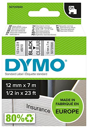 DYMO Original D1-Etikettenband | schwarz auf transparent | 12 mm x 7 m | selbstklebendes Schriftband | für LabelManager-Beschriftungsgerät