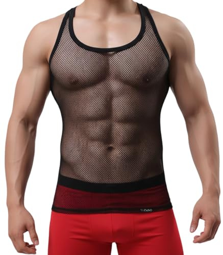 Camiseta de tirantes para hombre, camiseta de rejilla sin mangas, camiseta de luchador Negro XXXL