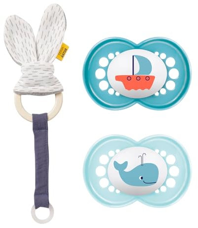 MAM Skin Soft Silikon Schnuller 6-16 Mo, 2er Set, inkl. Sterilisiertransportbox & NIP Schnullerband