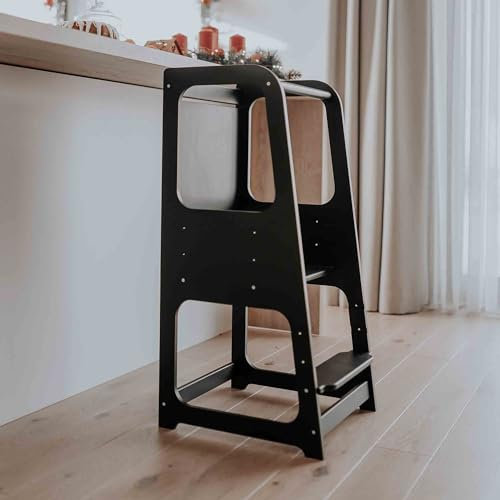 Sweet Home from Wood Montessori-Lernturm - Küchenhelfer für Kinder & Kleinkinder - Kinderhocker mit Verstellbarer Treppe für Arbeitsplatte & Tisch - Learning Tower - Nachhaltige Produkte (Schwarz)