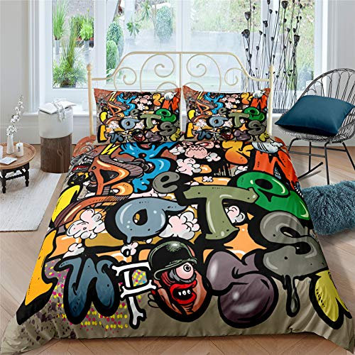 AYMAING Bettwäsche Set Graffiti Mega Coole Bunte Jugendzimmer Bettwäsche New York Street Art Design In Mikrofaser Mit Reißverschluss 135x200 cm + 80x80 cm