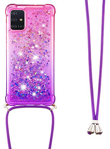 Handykette Handyhülle für Samsung Galaxy A51 Hülle,Glitzer Quicksand kreatives Fließende Flüssigkeit schwimmt Silikon Case mit Umhängeband Handykordel Band Kette für Galaxy A51,YB GS Pink Purple