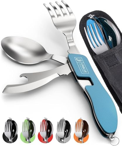 Orblue 4-in-1 Camping Cutlery Set, Portable Travel Cutlery Set with Pouch, Stainless Steel Spoon, Fork, Knife & Bottle Opener Combo Set, 2-Pack Blue