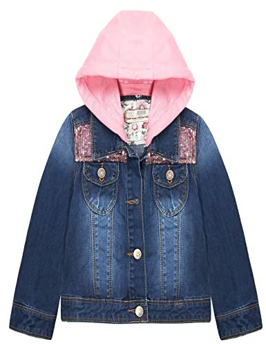 KIDSCOOL SPACE Little Girl Hooded Jean Jacket,Embroidery Denim Coat Outfit,Blue,3-4 Years