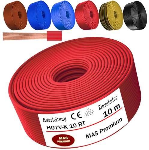 MAS Premium Von 5 bis 100m Aderleitung H07 V-K 10 mm² Schwarz, Braun, Dunkelblau, Grüngelb, Hellblau oder Rot Einzelader flexibel (Rot, 10m)