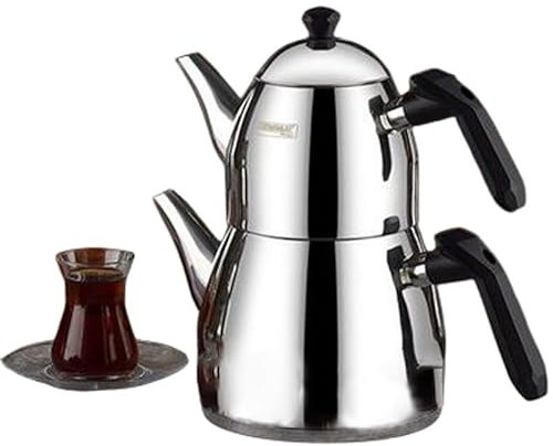 Hakan Kahramanlar Elmas Black Handle Stainless Steel Turkish Teapot Set for Stovetop, Double Tea Maker with Handles, Samovar Style Tea Pot, Tea Boiler (Mega - 3.9 Quart)