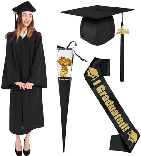 Amycute Abschluss Talar mit Hut, Schwarz Robe, Unisex Graduation Robe, Hut, Akademischer Talar, Uni Kleid, Doktorhut, Quaste 2025 für Abschlussfeier. (Style A, L)