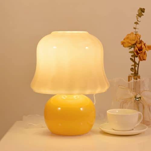 DUNMW Lámpara de mesa de cristal vintage, color crema, luz de seta, lámpara de noche de lujo, lámpara de mesa de ambiente, pantalla de escritorio para dormitorio, sala de estar, 3 luces