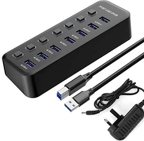 Powered USB Hub, 7 Port USB 3.0 Data Hub USB Extension Splitter with Individual On/Off Switch for Laptop/PC/Desktop/PS4/Notebook/More (7-Port, Included 5V/2A Power Supply)