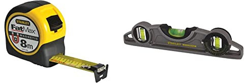 Stanley FMHT0-33868 Magnetic Tape, 8m & FATMAX XTREME Torpedo Level Heavy Duty Aluminium Body and Magnetic Base Including 3 Reversible Vials 0-43-609