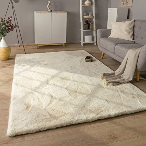 Paco Home Hochflor Teppich Wohnzimmer Schlafzimmer Modern Flauschiger Fellteppich Fell Imitat Kunstfell Langflor, Grösse:80x150 cm, Farbe:Creme