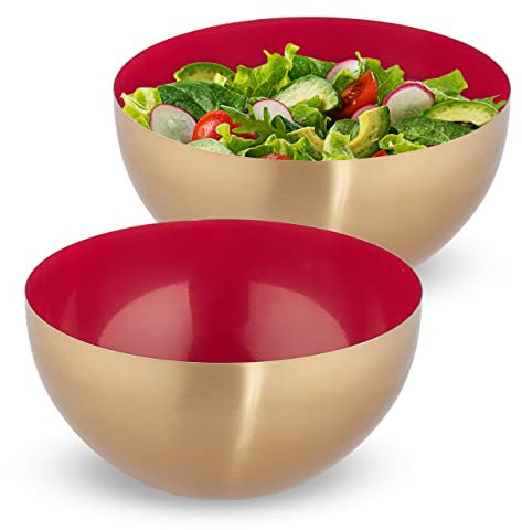 Juego de 2 Ensaladeras Redondas Grandes FIORE DORO 3,5 Litros, Cuenco Repostería, Bol Cocina, Ø 25cm, Rojo y Dorado