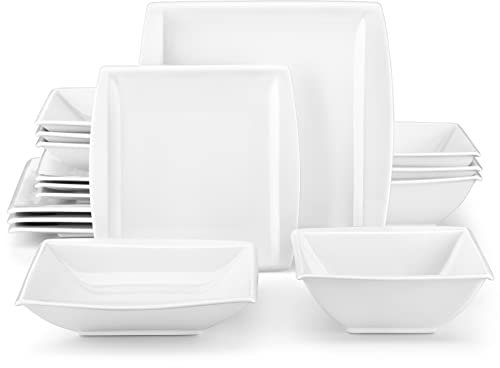 MALACASA BLANCE Service de Table Carrée Complet en Porcelaine pour 4 Personnes avec Assiettes Plates, Assiettes Creuses, Assiettes à Dessert, Bols à Céréales, 16 Pièces Service de Vaisselle Blanche