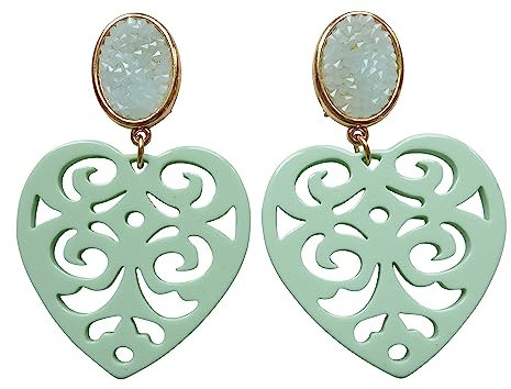 Sehr große leichte Ohrstecker Ohrringe vergoldet Strass mint hell-grün herz-förmiger Anhänger Oktoberfest Dirndl Fest Designer Geschenk JUSTWIN