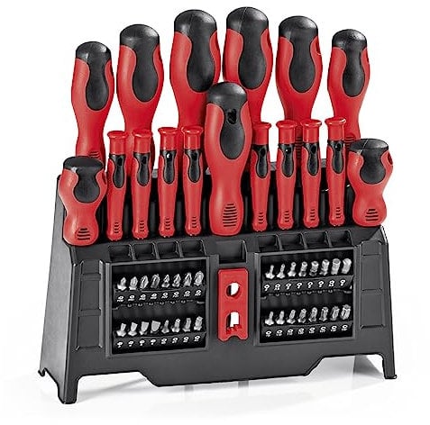 EASYmaxx Schraubendreher- & Bit-Set | Magnetisierer | jeweils 8 große und 8 kleine Schraubendreher mit magnetisierbarer Spitze | 1 magnetischer Bithalter | 32 Bit-Aufsätze | Ergonomisch [Rot-Schwarz]
