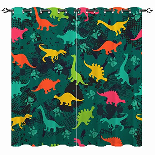 YUANZU Dinosaurier Vorhänge Kinder Jungen Dino Tier Ösen Gardinen mit Blickdichte Thermo Vorhang Kälteschutz Blackout Curtain Kinderzimmer Schlafzimmer Verdunkelung Fenster, 2 Stück, H 160 x B 132 cm