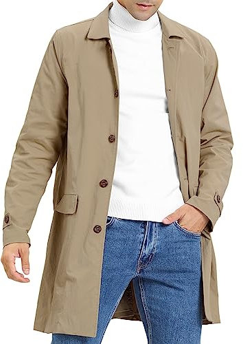 Feziakuk Trench uomo monopetto lungo cappotto leggero risvolto autunno inverno giacca mezza stagione, cachi, M