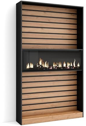 SKRAUT HOME | Librería estantería | Estanteria Libros de Pared | 110x186x25cm | Salón - Comedor - Oficina | Chimenea eléctrica LED | Estilo Moderno | Roble y Negro