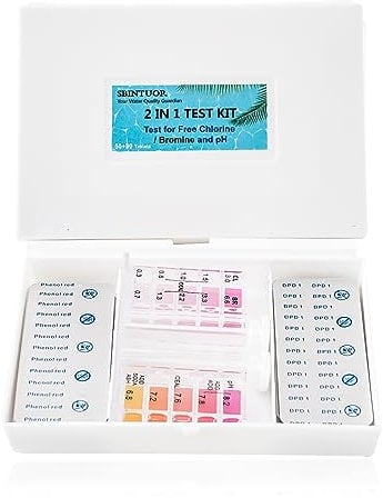 SBINTUOR Kit Medidor Cloro y pH Piscinas 2 en 1, Tabletas Test Agua de Piscina Jacuzzi Spa de pH, Cloro/Bromo, Accesorios para Piscina - (50 x DPD1 + 50 x Rojo Fenol)