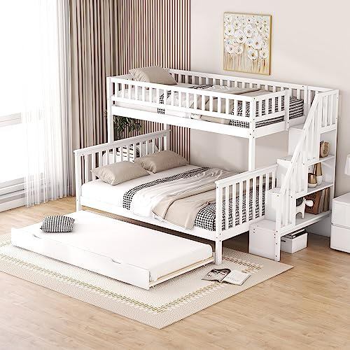 Etagenbett 90 x 200cm und 140 x 200cm mit Rollbett und Treppe für 3-4 Kinder, Kinderbett mit Lattenrost und Rausfallschutz, Massivholz Jugendbett, Doppelbett, Funktionsbett Stockbett Hochbett, Weiß