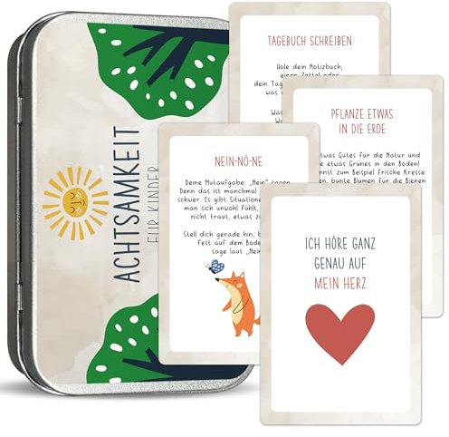 BIROYAL 40 Affirmationskarten für Kinder, Achtsamkeitskarten Kinder inkl. Metallbox, Motivationskarten für Gefühle, Selbstliebe, Mut und Dankbarkeit, Geschenke zur Einschulung für Jungen und Mädchen